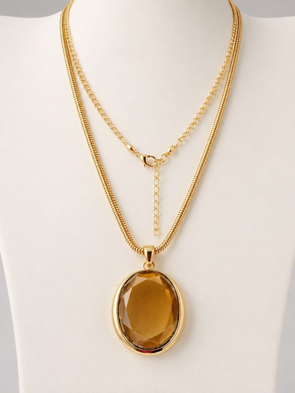 Gold-plated Layered Necklace with Amber Oval Crystal Pendant - Women Jewelry
